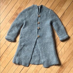 Girl’s hand knit long blue knitted coat or sweater 3-4